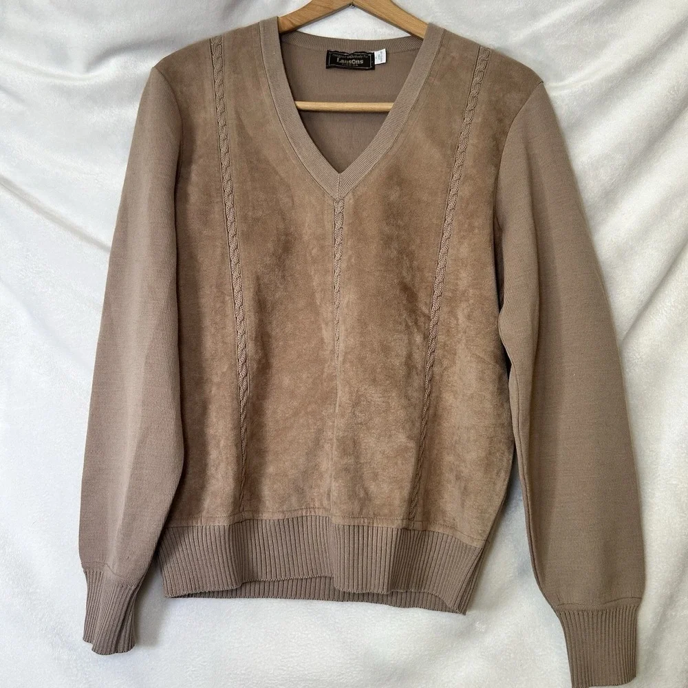 VTG 80s Lansons Of Florida Tan 100% Zephyr Wool Ultra Suede Sweater‎ Top Size S